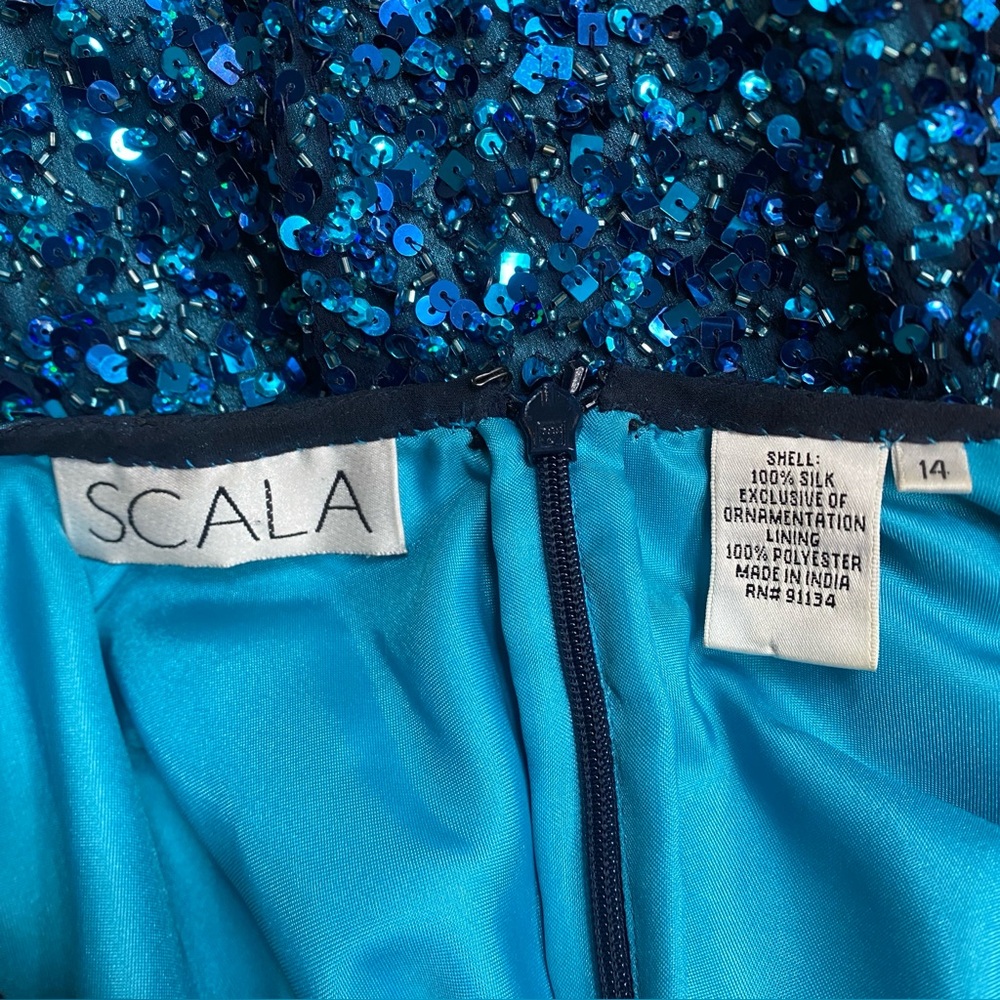 Vintage Women's Scala Blue Beaded Cap Sleeve Sheath Dress Size 14 Party Glam - Picture 15 of 16